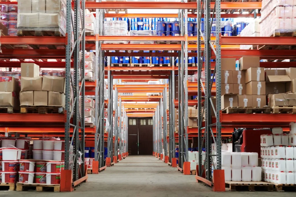 Aisle of a licensed distribution warehouse stacked with medical supplies in Ethiopia
