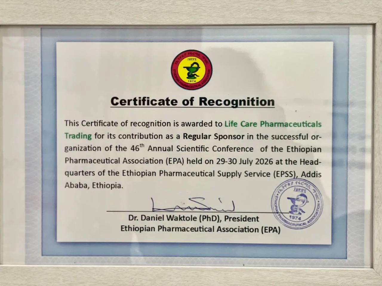 EPA Certificate of Recognition, 46th Annual Scientific Conference Framed EPA Certificate of Recognition awarded to Life Care Pharmaceuticals Trading for the 46th Annual Scientific Conference